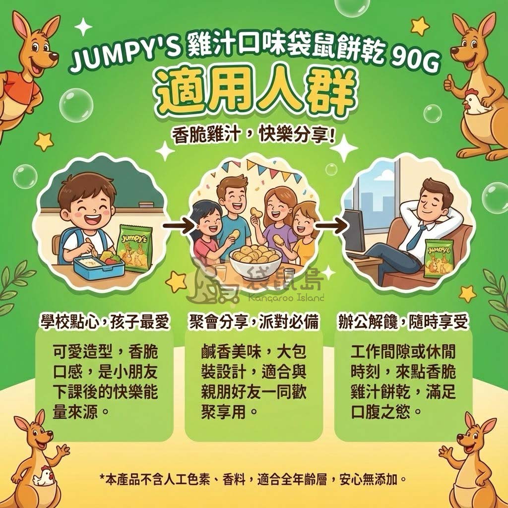 Jumpy's 袋鼠餅乾適用推薦：小孩學校點心、派對聚會分享、辦公室解饞