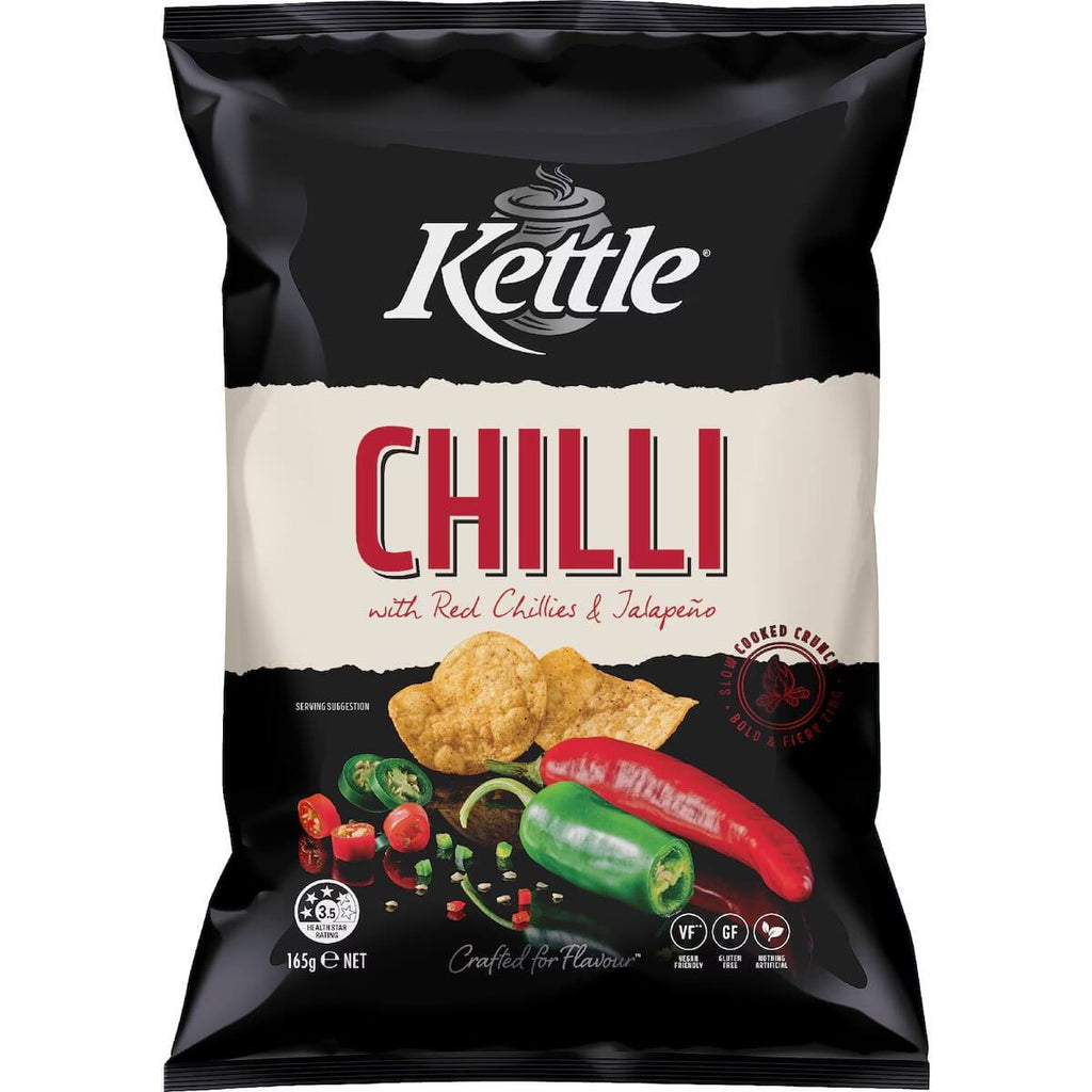 Kettle 洋芋片 辣味 165g 正面包裝圖，展示墨西哥與紅辣椒