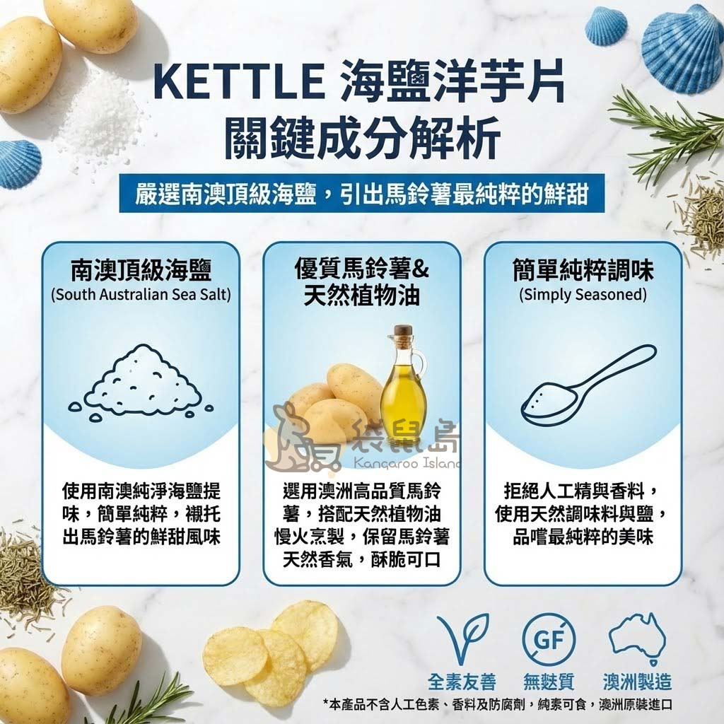 Kettle 海鹽洋芋片關鍵成分解析：南澳頂級海鹽、天然植物油、全素無麩質