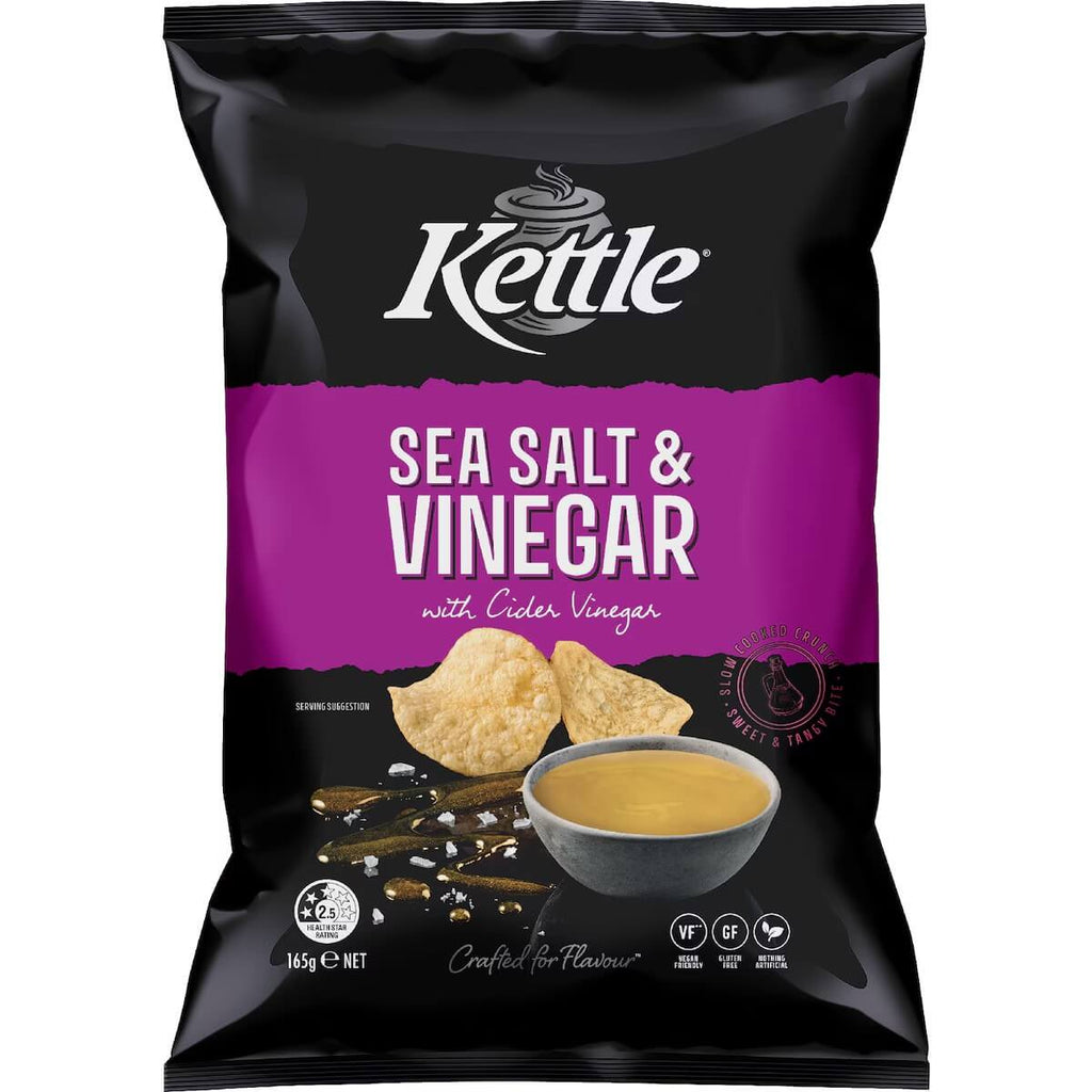 澳洲 Kettle 海鹽香醋洋芋片 165g 包裝，添加蘋果醋調味，慢火手作酥脆
