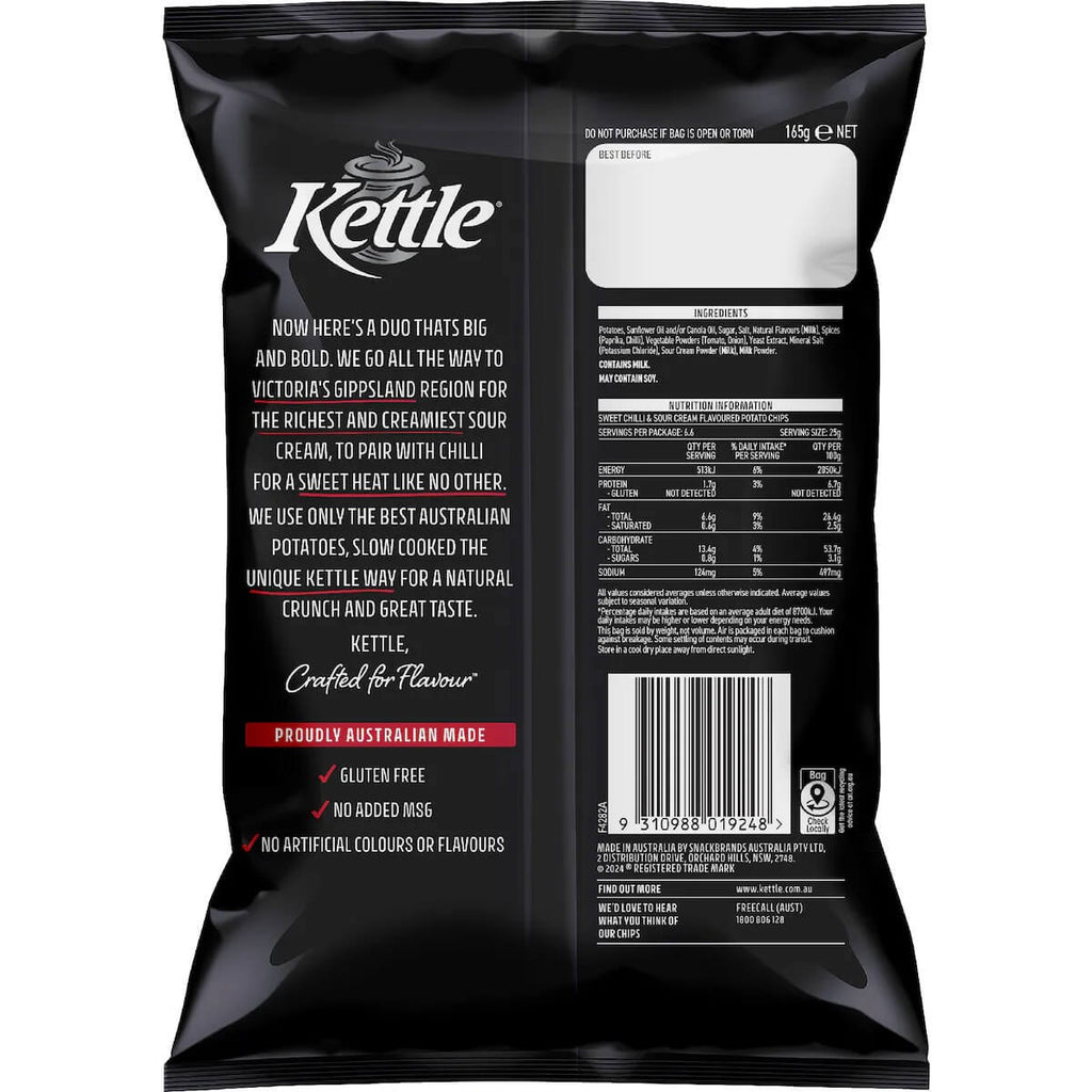 Kettle 洋芋片 甜辣優格口味 背面營養標示與成分說明圖