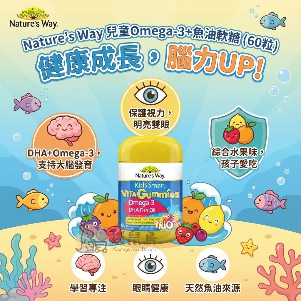 兒童魚油軟糖特色：DHA+Omega-3支持大腦發育、保護視力明亮雙眼、綜合水果味孩子愛吃、天然魚油來源。
