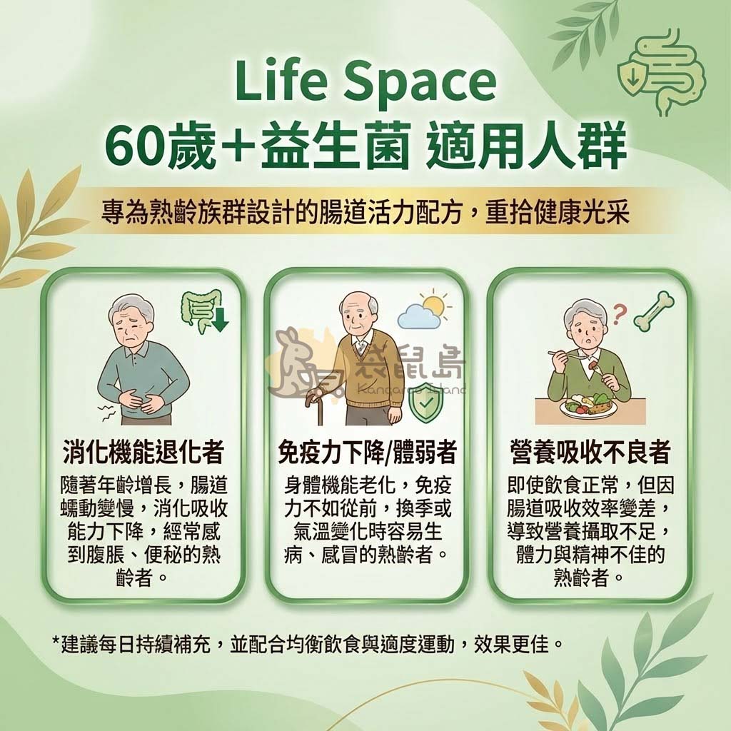 Life Space 熟齡益生菌適用人群：消化機能退化、免疫力下降、營養吸收不良者