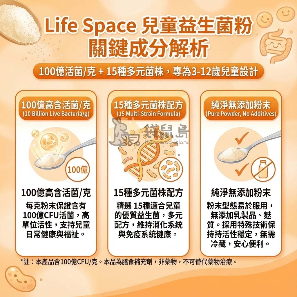 Life Space 兒童益生菌成分解析：100億高活菌與15種多元菌株，粉末易吸收