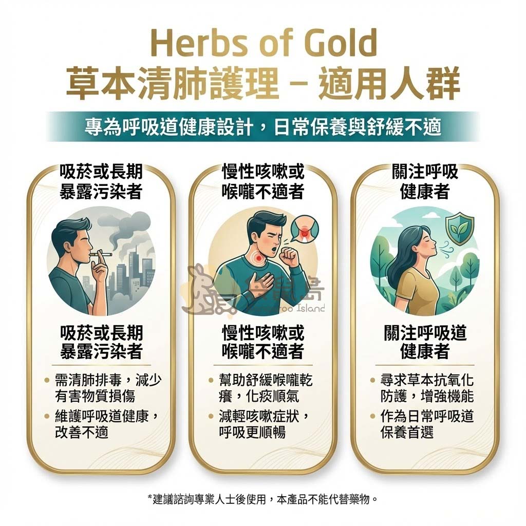 草本清肺護理適用人群 吸菸族群 慢性咳嗽 舒緩喉嚨乾癢 - Herbs of Gold