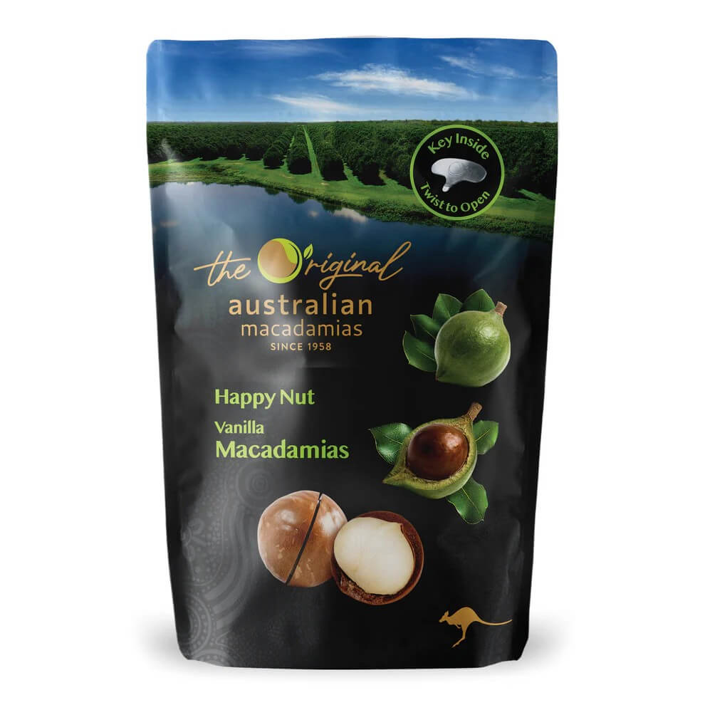 澳洲Macadamias香草風味夏威夷果225g正面包裝，帶殼堅果設計