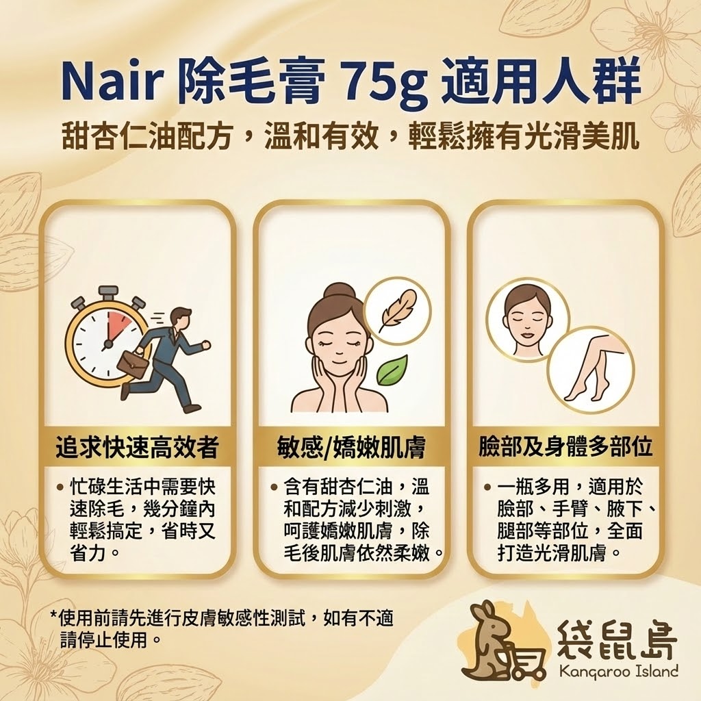 Nair 適用人群 - 敏感肌膚、忙碌族群與多部位除毛需求