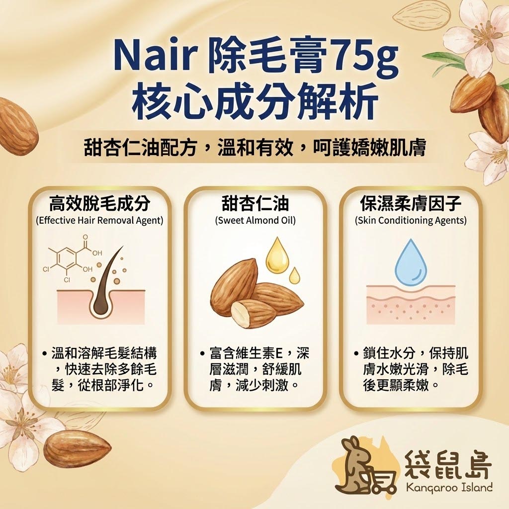 Nair 核心成分解析 - 甜杏仁油與保濕柔膚因子功效