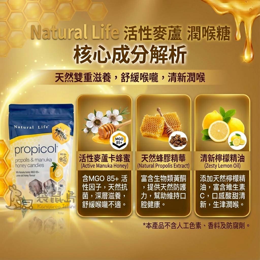 Natural Life 潤喉糖核心成分：活性麥蘆卡蜂蜜 MGO 85+、天然蜂膠精華與清新檸檬精油 。