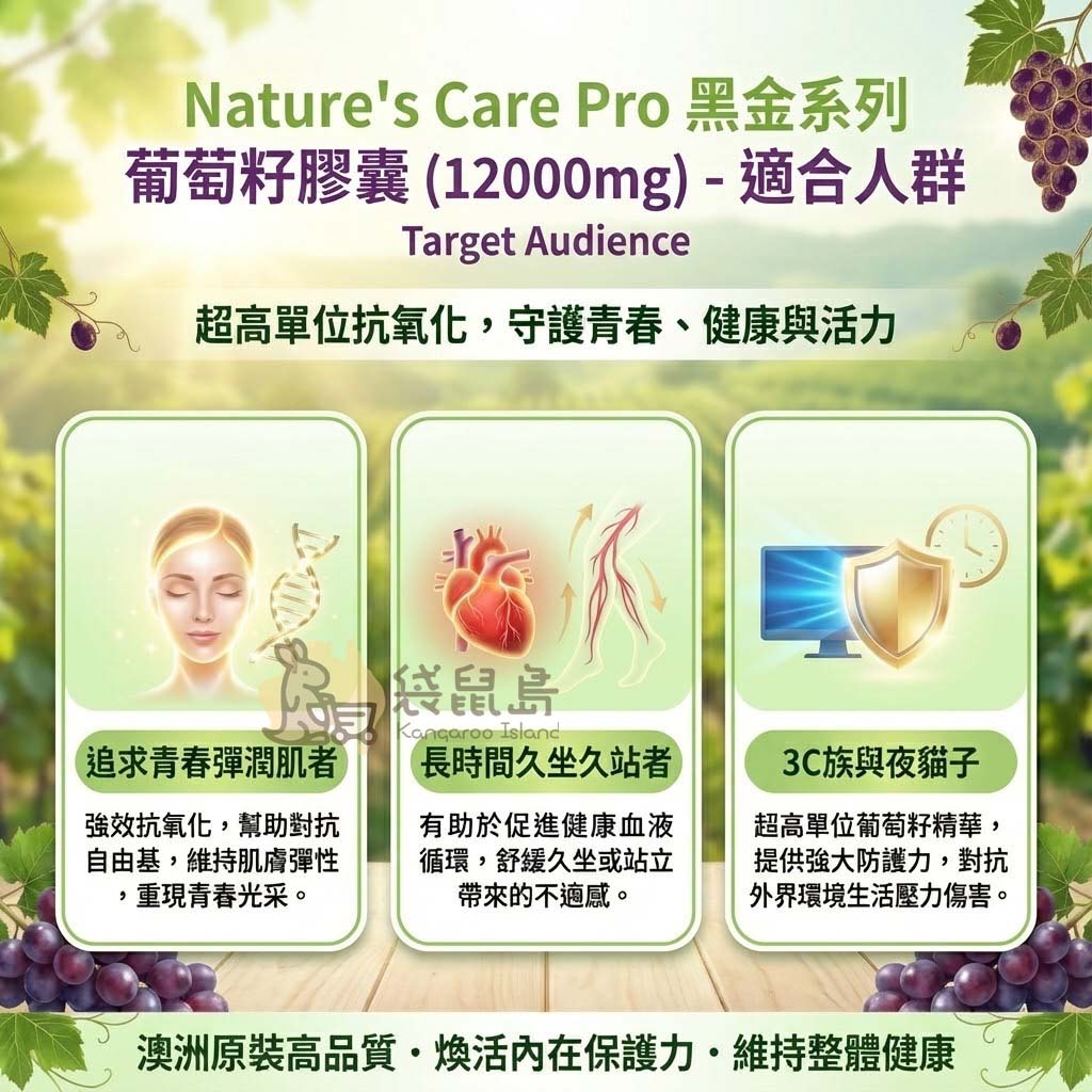 澳洲葡萄籽膠囊推薦人群：追求美肌女性、久坐久站上班族與3C熬夜族