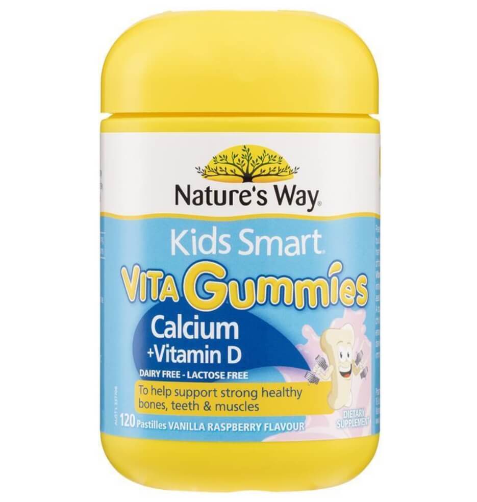 Nature's Way兒童成長鈣+D軟糖瓶身，香草覆盆莓風味