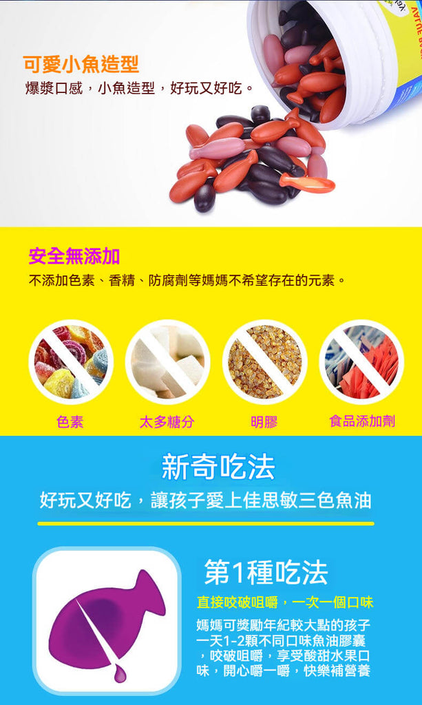兒童魚油無色素、無糖分、無明膠與食品添加物