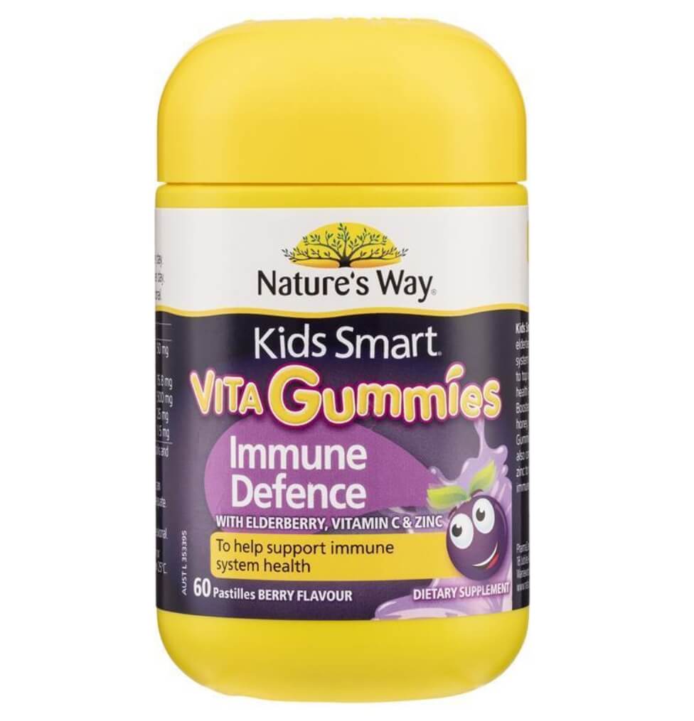 Nature's Way Kids Smart 兒童免疫力軟糖產品瓶身圖，含黑接骨木、維他命C與鋅，莓果口味60粒裝。