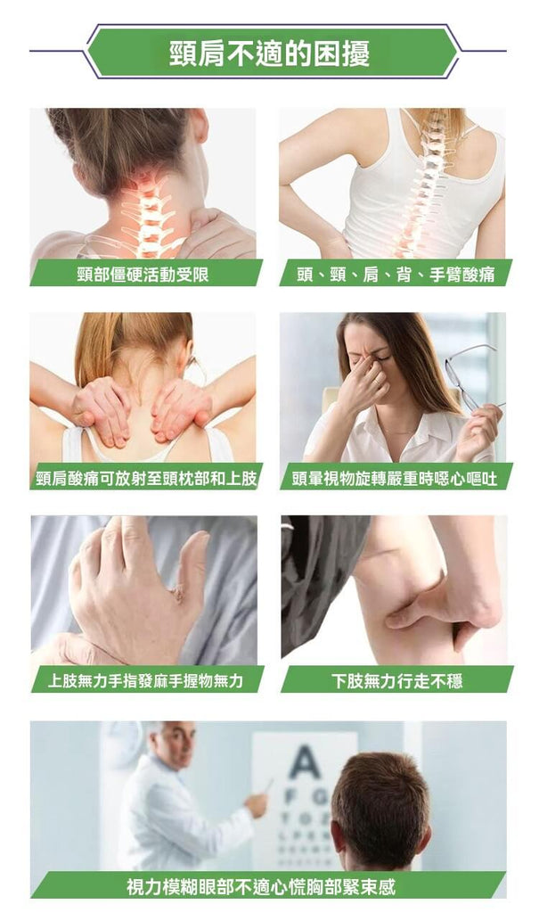  頸肩不適的症狀與困擾示意圖。
