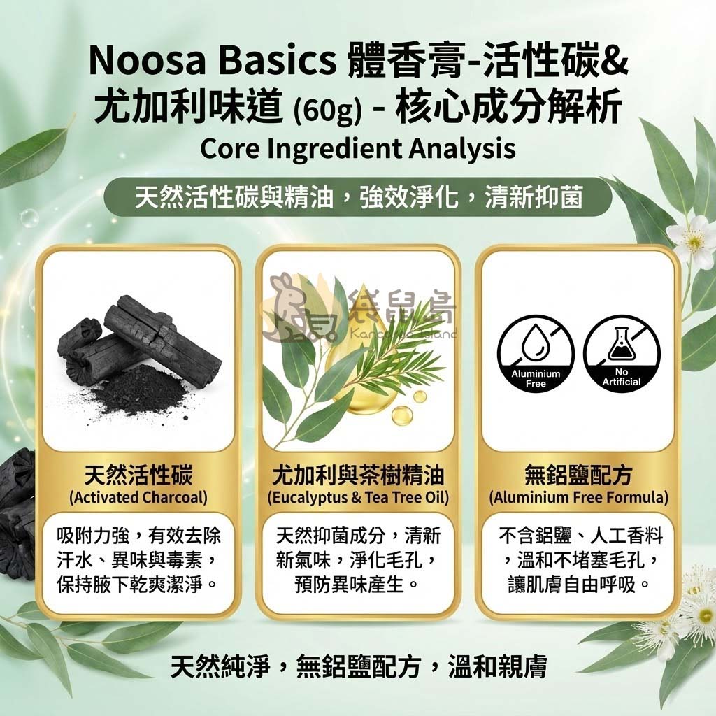 Noosa Basics 體香膏成分解析：活性碳吸附汗水與尤加利精油抑菌