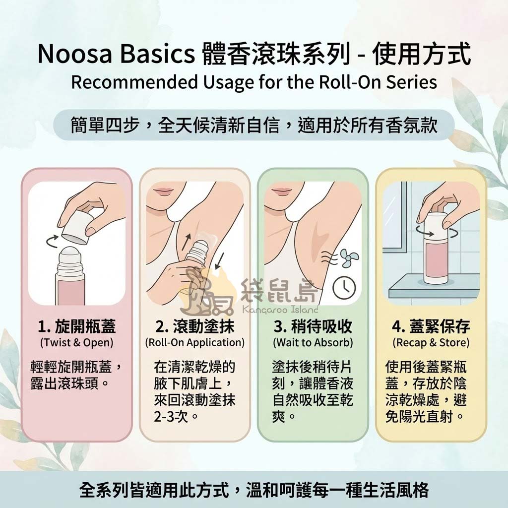 Noosa Basics 體香滾珠正確使用教學：旋開瓶蓋、滾動塗抹、待乾吸收、蓋緊保存