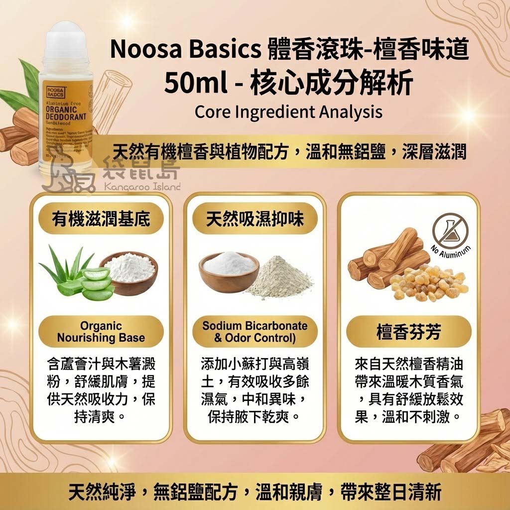 Noosa Basics 體香滾珠成分解析：檀香精油舒緩與蘆薈汁保濕