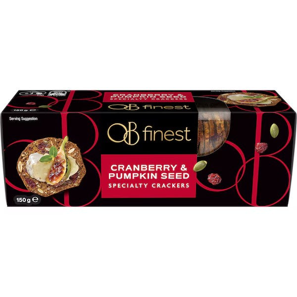 OB Finest 蔓越莓南瓜子風味餅乾 150g 商品外盒正面圖，來自澳洲的高品質佐食餅乾