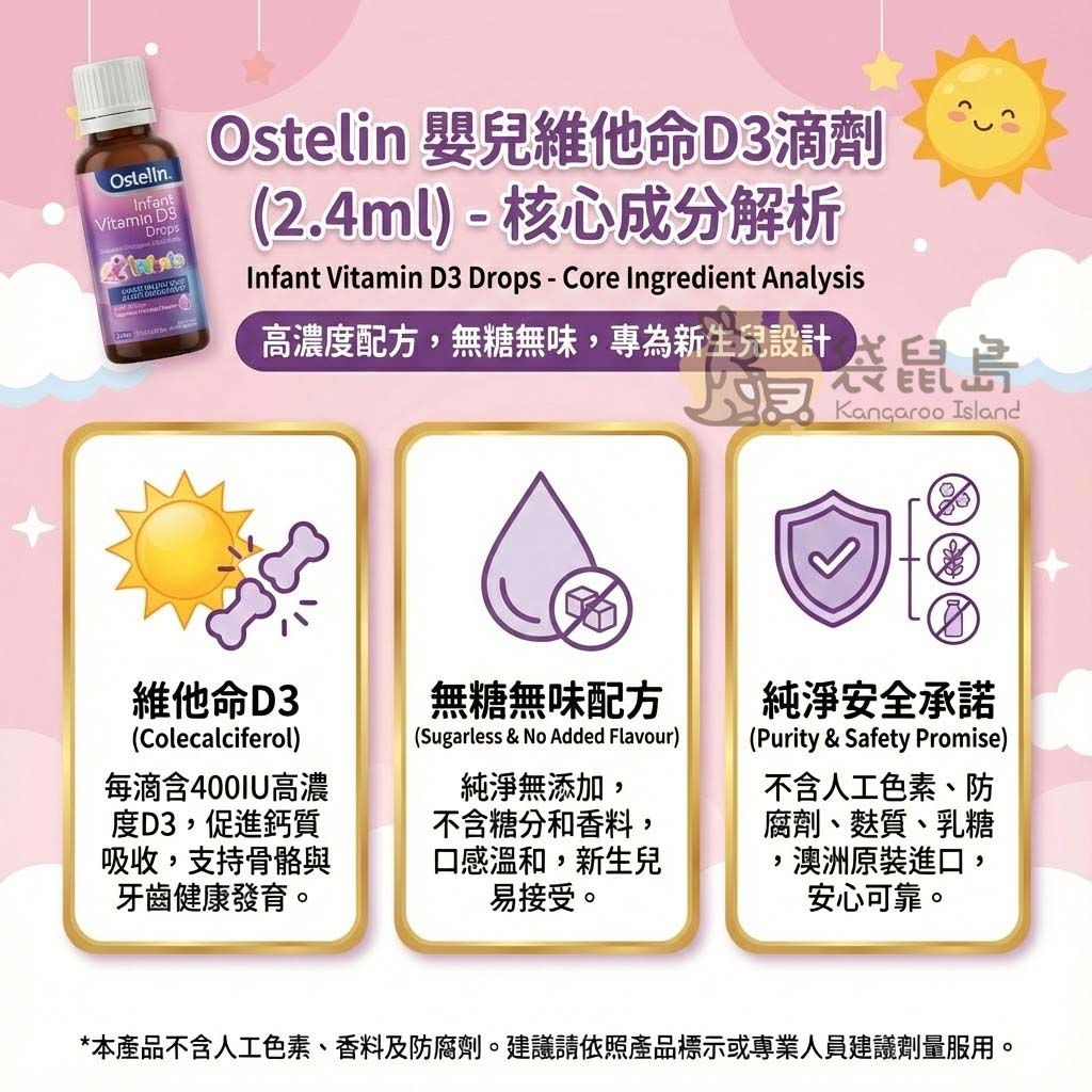 Ostelin 嬰兒滴劑成分解析 - 純淨無添加，不含防腐劑與麩質，每滴精準補充400IU維他命D3。