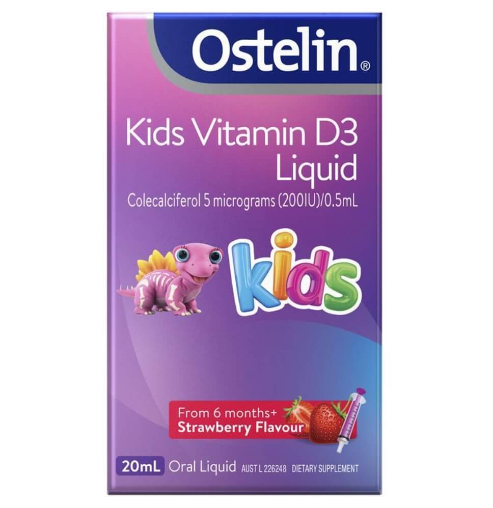 澳洲 Ostelin 兒童維他命D3滴劑 20ml 包裝正面 - 專為6個月以上嬰幼兒設計，天然草莓口味。