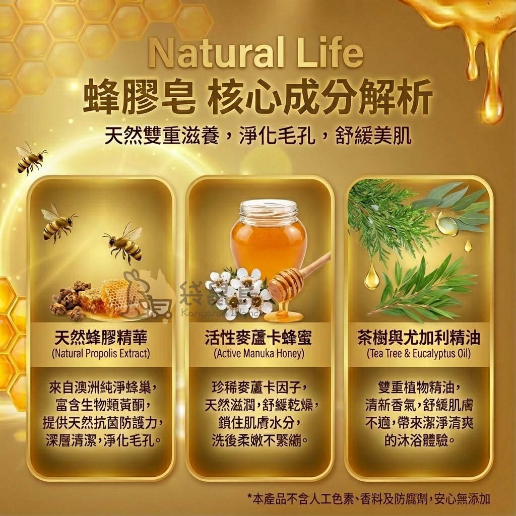 澳洲蜂膠皂核心成分：天然蜂膠精華富含生物類黃酮、活性麥蘆卡蜂蜜保濕、茶樹與尤加利精油清新舒緩。