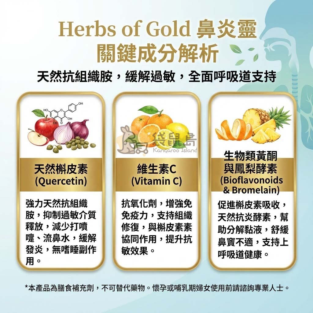 鼻炎靈關鍵成分 槲皮素 維生素C 鳳梨酵素 生物類黃酮 呼吸道支持