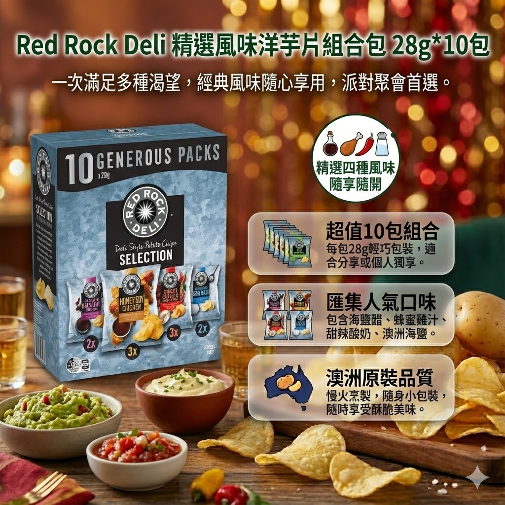 Red Rock Deli 精選風味洋芋片組合包 10 包，含四種經典風味：蜂蜜雞肉、甜酸醬、海鹽等，派對聚會首選。