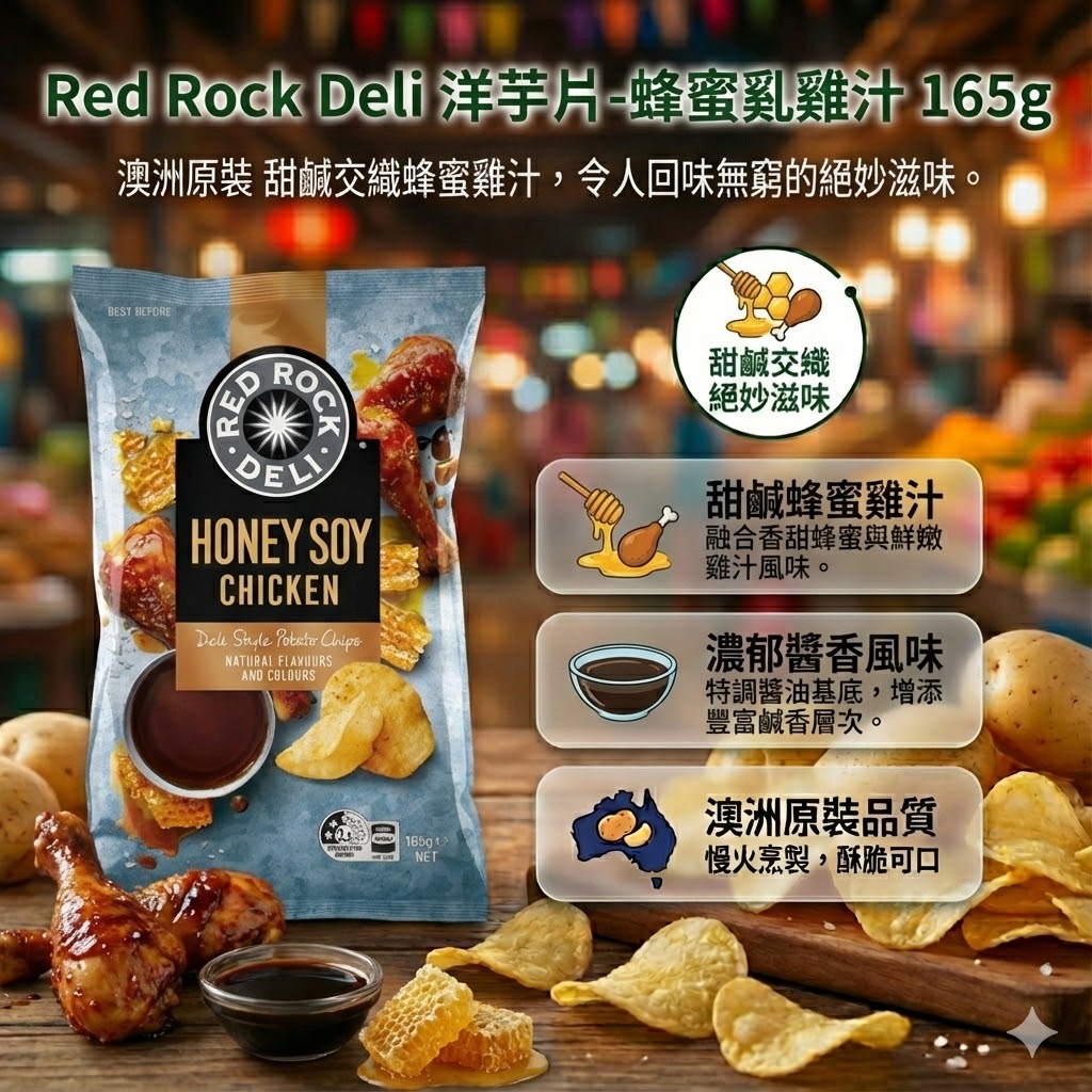 Red Rock Deli 蜂蜜醬油雞口味洋芋片 165g，甜鹹交織，融合蜂蜜雞汁與濃郁醬油香，澳洲原裝慢火烹製。
