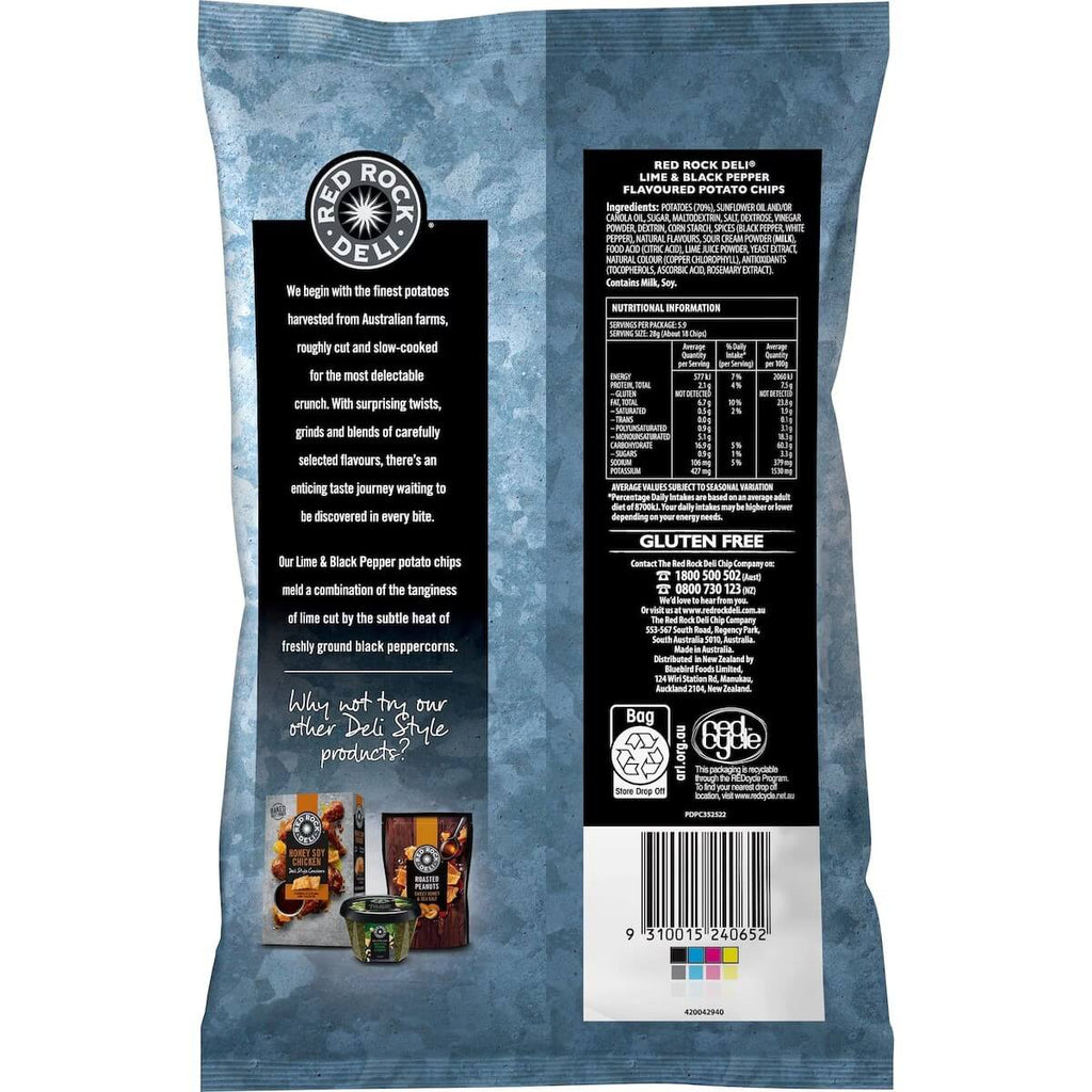 Red Rock Deli 黑胡椒萊姆洋芋片背面營養與成分標示