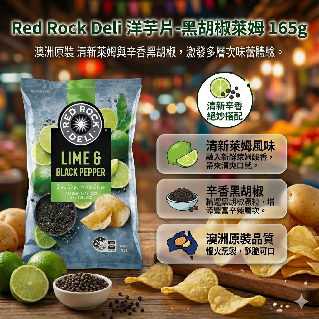 Red Rock Deli 黑胡椒萊姆口味洋芋片 165g，清新萊姆酸香與辛香黑胡椒的絕妙搭配，澳洲原裝慢火烹製。