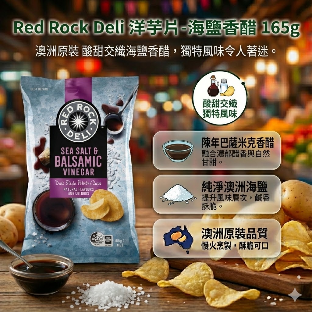 Red Rock Deli 海鹽香醋口味洋芋片 165g，酸甜交織，結合純淨澳洲海鹽與陳年巴薩米克香醋，澳洲原裝慢火烹製。