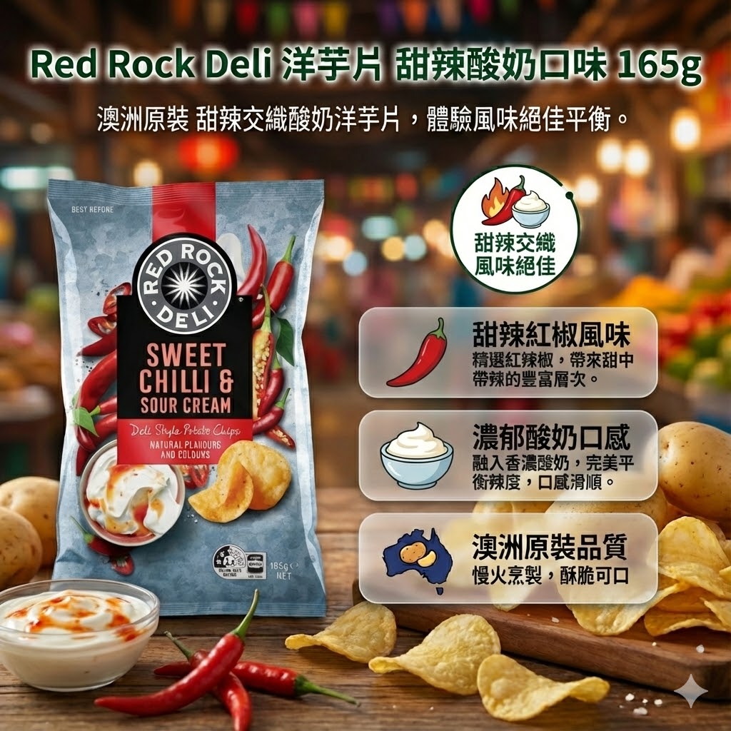 Red Rock Deli 甜辣酸奶口味洋芋片 165g，甜辣紅椒風味與濃郁酸奶口感完美平衡，澳洲原裝慢火烹製。