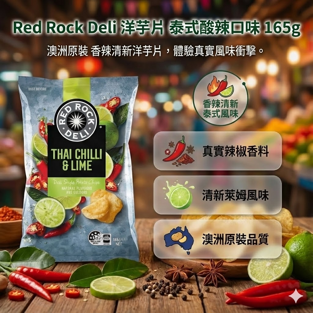 Red Rock Deli 泰式酸辣口味洋芋片 165g，香辣清新，結合真實辣椒香料與清新萊姆風味，澳洲原裝品質。