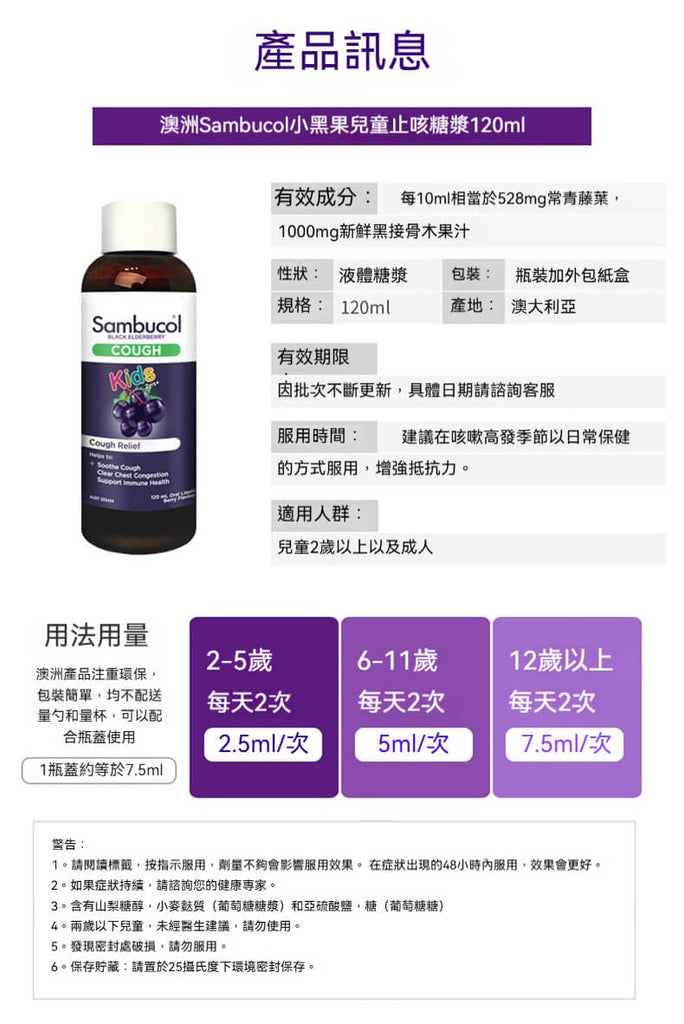 Sambucol小黑果止咳糖漿服用方式與年齡劑量對照表。