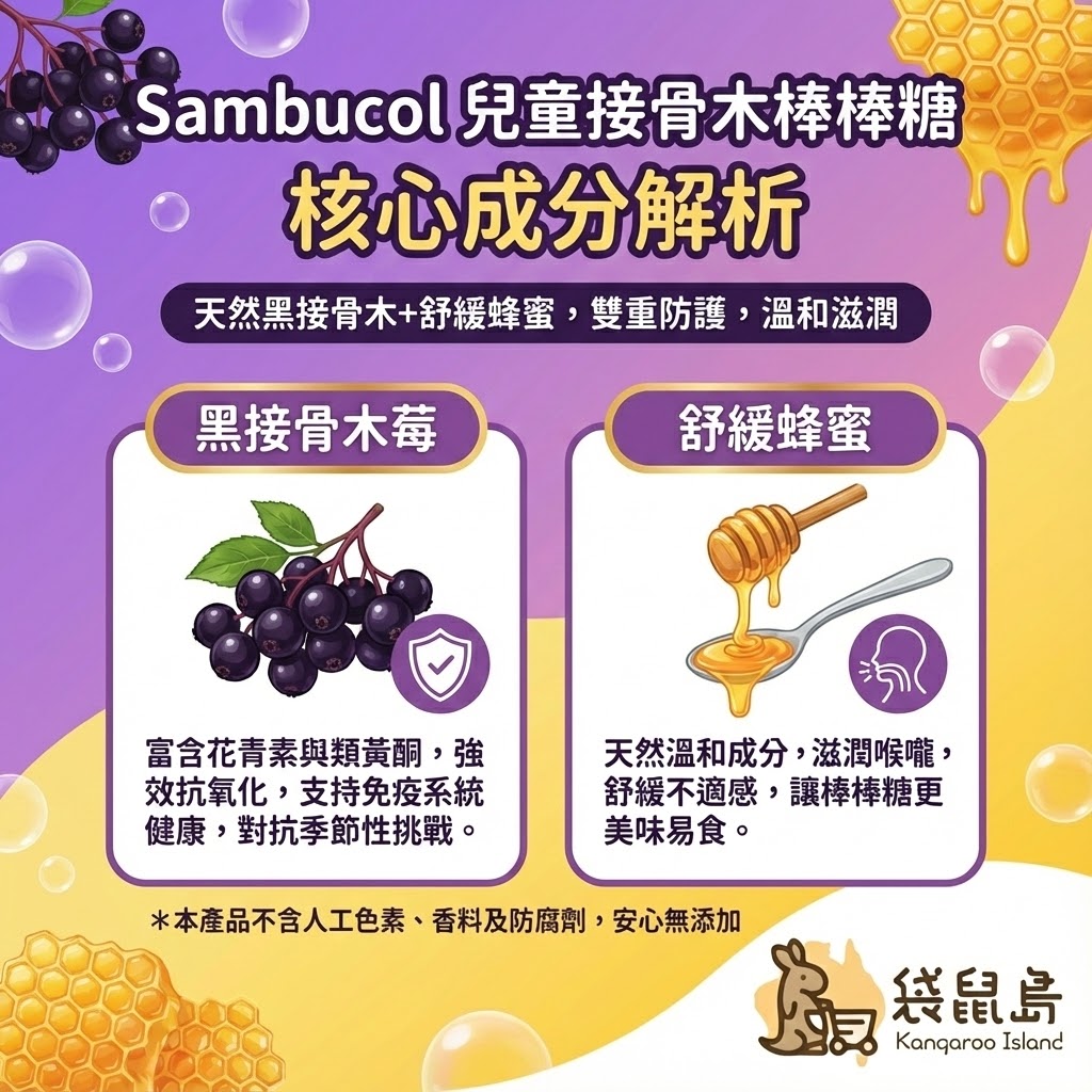 Sambucol 棒棒糖成分 - 天然黑接骨木與舒緩蜂蜜雙重防護