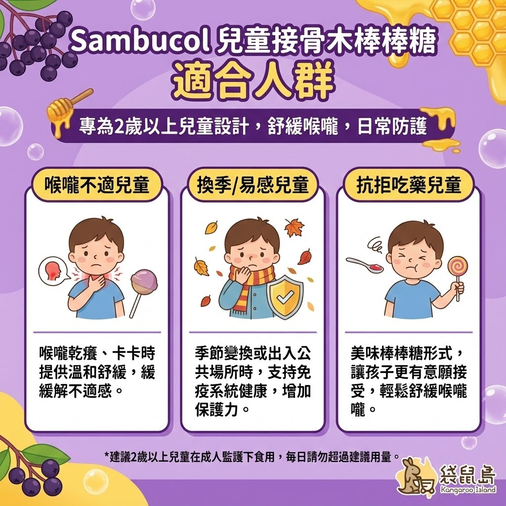 Sambucol 棒棒糖適用人群 - 舒緩兒童喉嚨不適、抗拒吃藥與換季防護