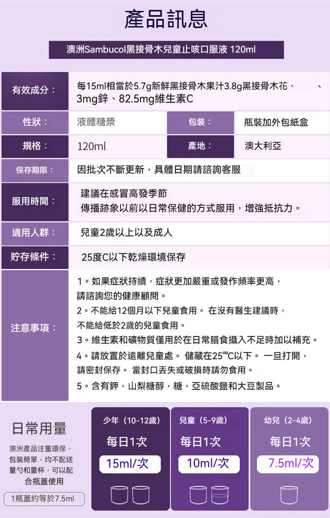 Sambucol黑接骨木兒童止咳口服液120ml，建議2歲以上孩童每日補充維C與鋅