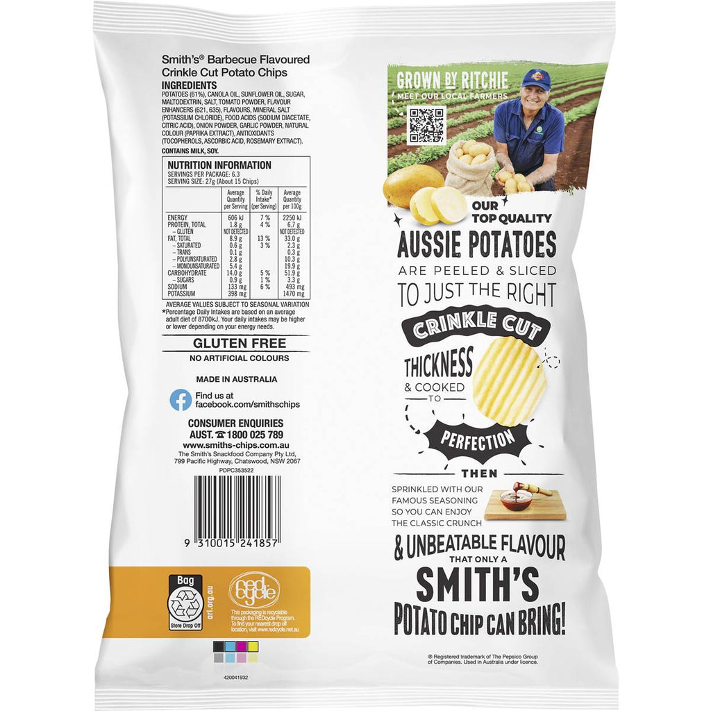 Smith's 烤肉洋芋片背面包裝，成分與營養資訊清晰標示