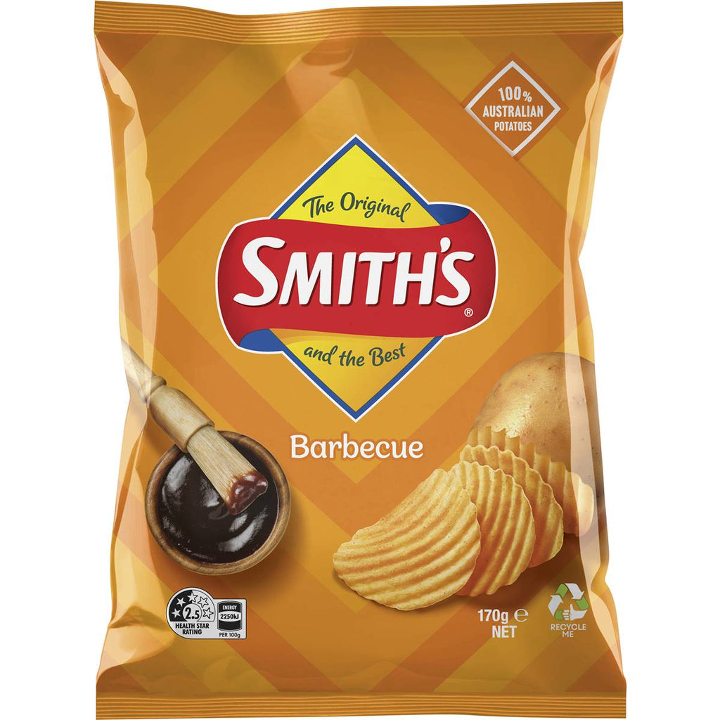 Smith's 烤肉波浪洋芋片正面包裝，展示馬鈴薯與BBQ形象