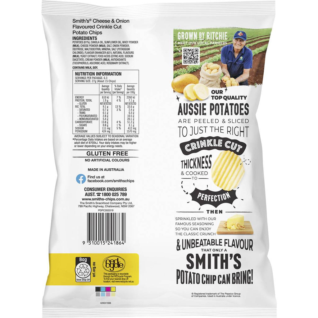 Smith's 起司洋蔥洋芋片背面包裝，顯示營養標與成分資訊