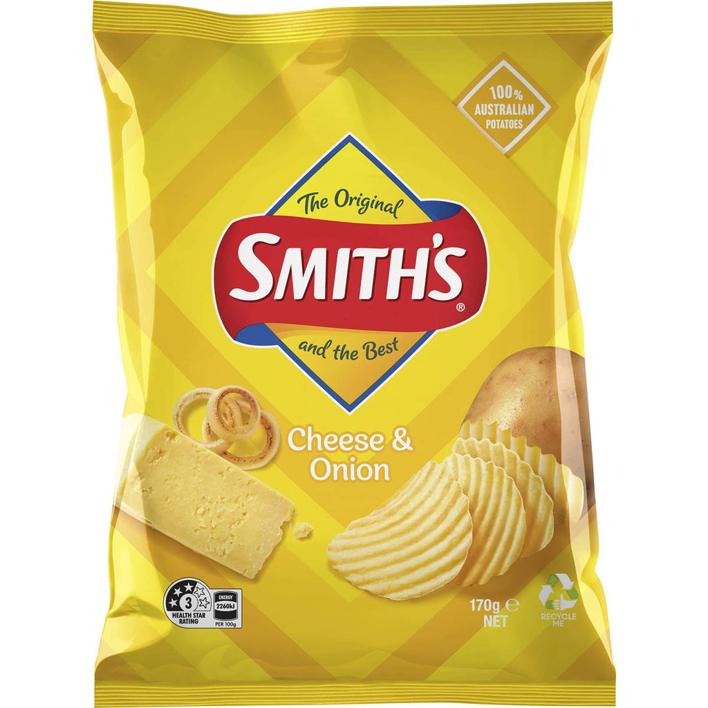 Smith's 起司洋蔥波浪洋芋片正面包裝，展示馬鈴薯與起司洋蔥食材
