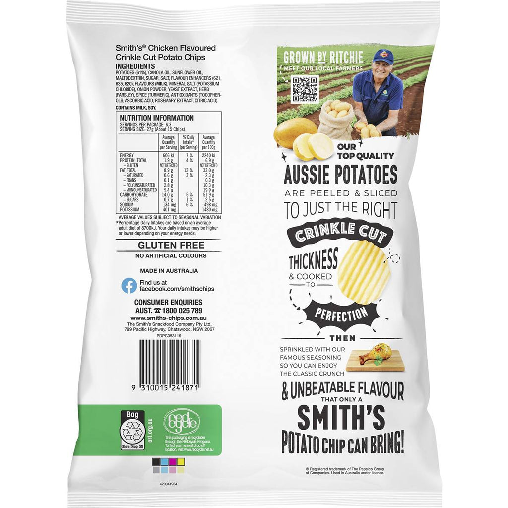 Smith's 烤雞洋芋片背面包裝，含營養標示與成分說明