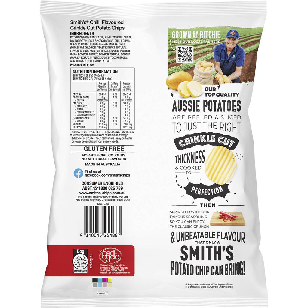 Smith's 香辣波浪洋芋片背面包裝，顯示成分與營養標示資訊
