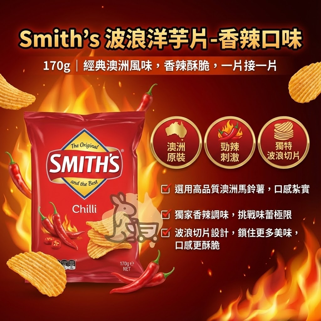 Smith's 烤雞口味洋芋片特色 - 100%澳洲馬鈴薯、鮮嫩烤雞風味與波浪酥脆口感