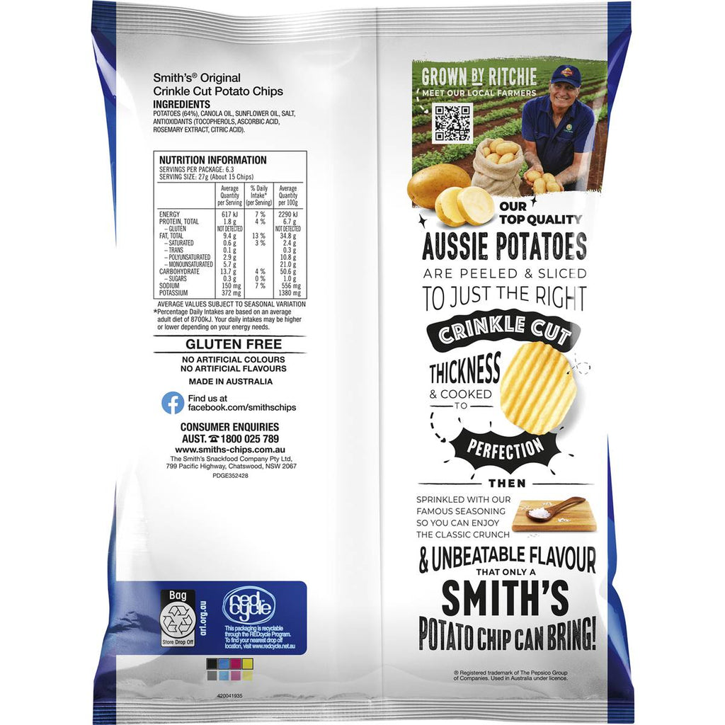 Smith's 原味波浪洋芋片背面包裝，營養資訊與澳洲馬鈴薯說明