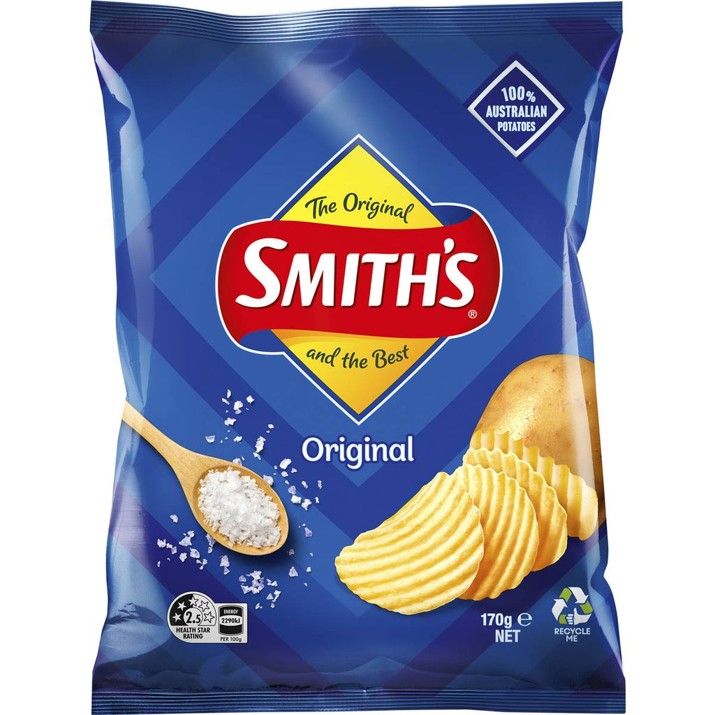 Smith's 原味波浪洋芋片正面包裝，展示馬鈴薯與鹽巴木勺設計