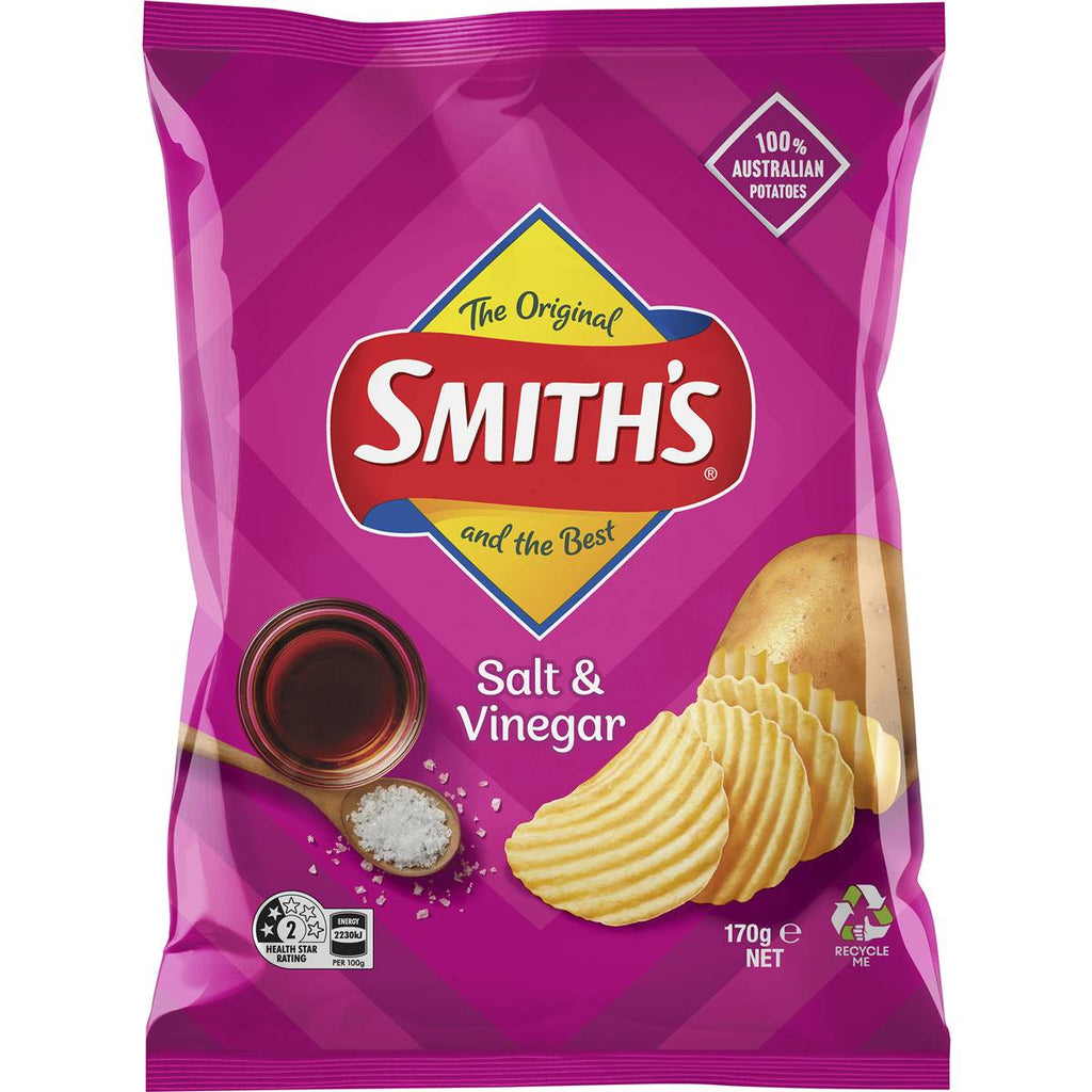Smith's 海鹽香醋波浪洋芋片正面包裝，展示馬鈴薯與鹽醋風味圖案