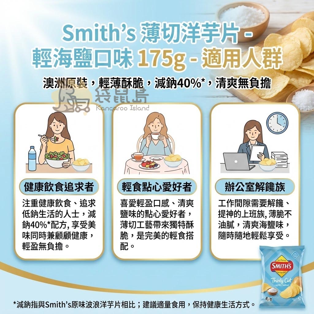Smith's 輕海鹽口味適用人群 - 適合健康飲食追求者、辦公室解饞及喜愛輕食點心的族群。