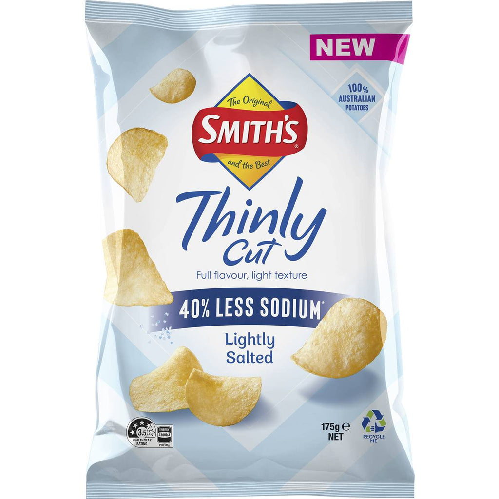 Smith's 薄切洋芋片輕海鹽包裝背面成分與營養標示