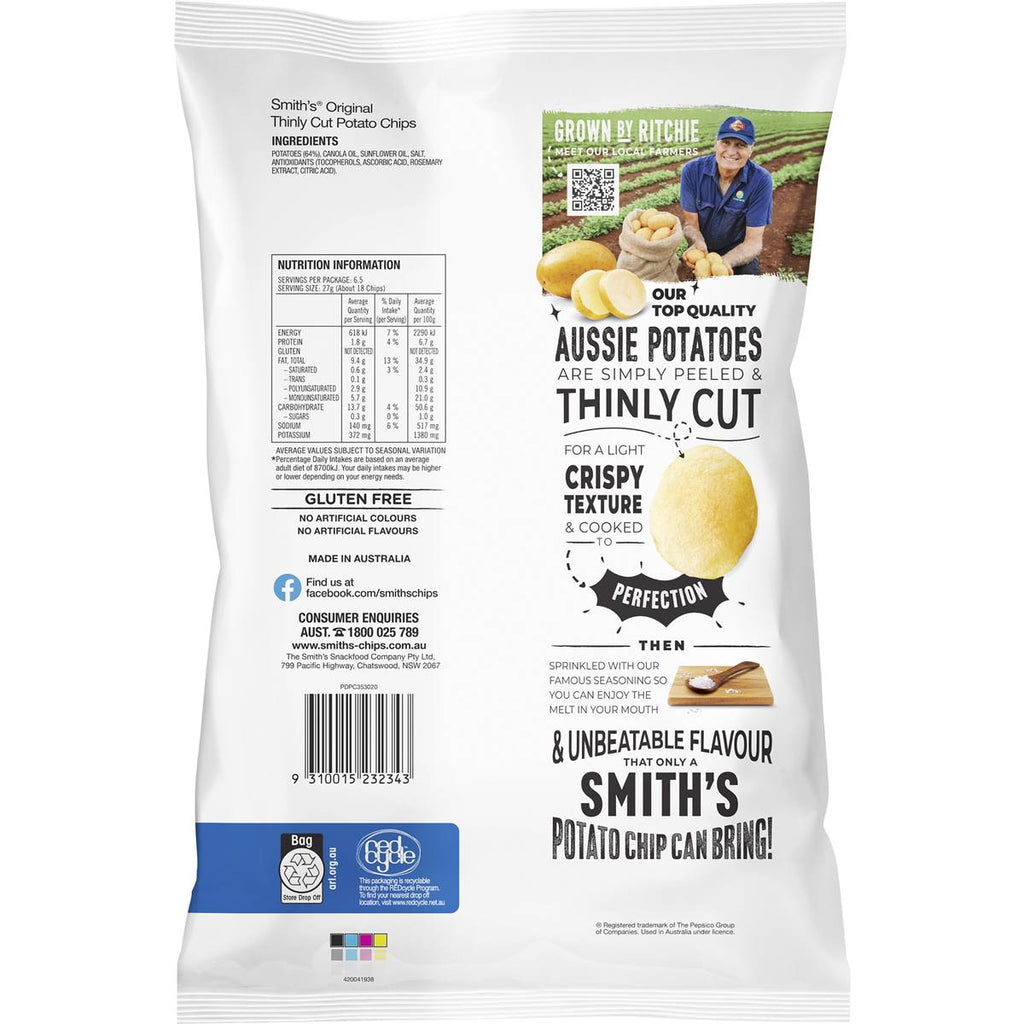 Smith's 薄切原味洋芋片背面包裝，含營養標示與成分說明
